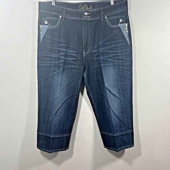 Old Skool Jeans Womens 18 Blue Embroidered Capri Denim Whisker Wide Leg‎ Y2K - Picture 1 of 16